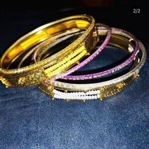 Gold, Yellow, and Purple Beaded Bangles, Set of 6